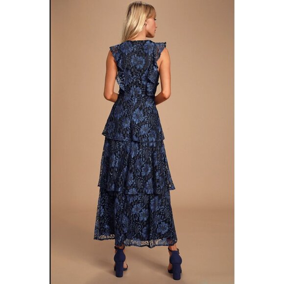 NWT Lulus Molinetto Navy Blue Lace Ruffled Tiered Sleeveless Maxi Dress XL - Picture 3 of 13